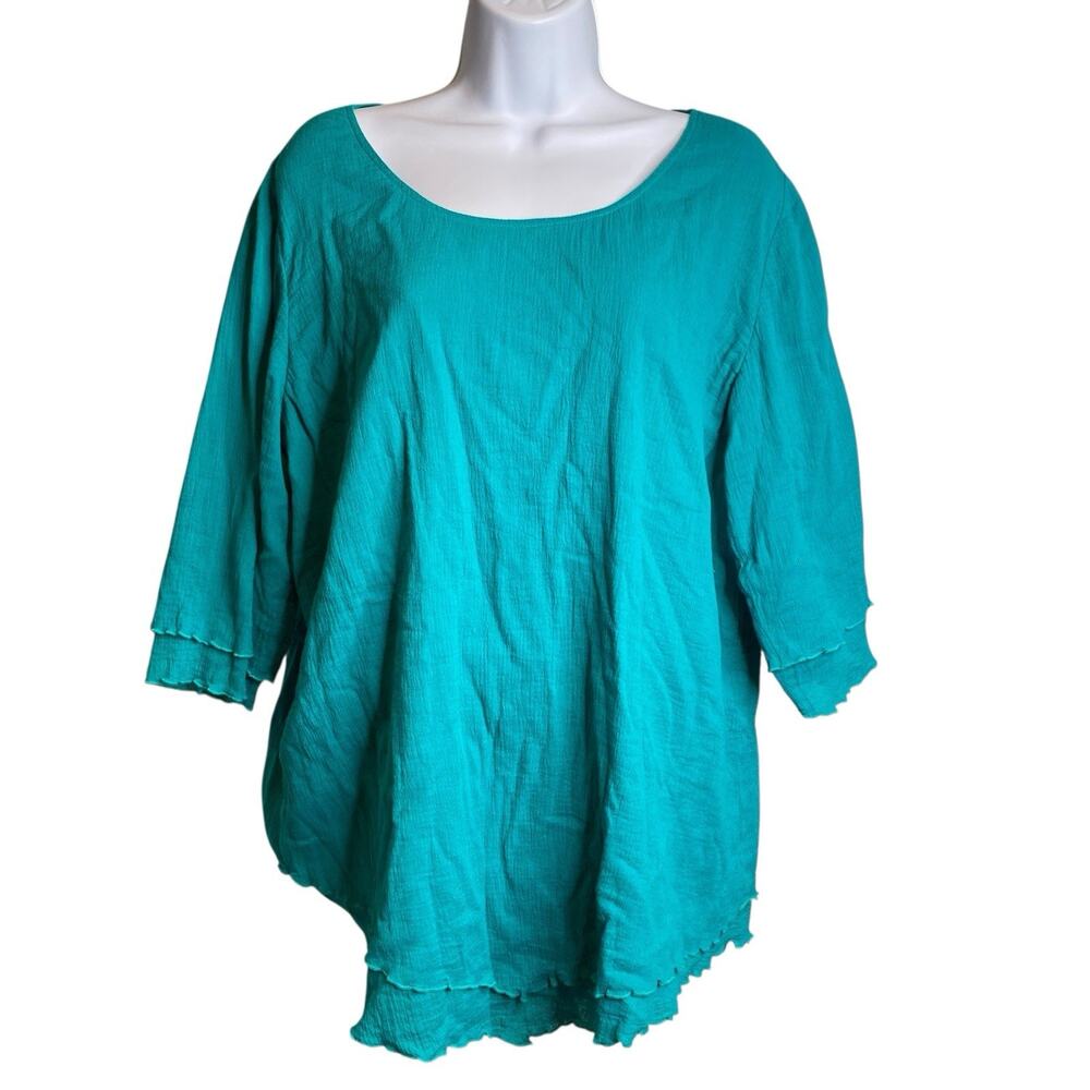 Soft Surroundings Women's Teal Crinkle Lagenlook Top Size L Asymmetric Hem Flowy